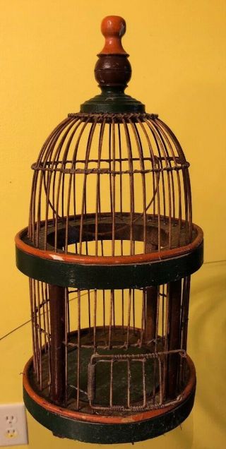 Vintage Asian Green Bamboo Carved Wood Dome Bird Cage Metal Wire 13.  75”x6.  5”