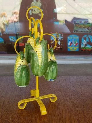 4 Vtg Hanging Corn Cob Shaped Salt Shakers Made In Japan With Metal Stalk Stand