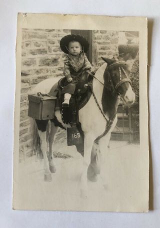 1940s Snapshot Photo Little Boy On Pony Horse Cowboy Outfit Vintage