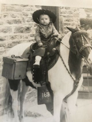 1940s Snapshot Photo Little Boy On Pony Horse Cowboy Outfit Vintage 2