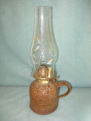 Vintage Signed Glazed Stoneware Pottery Oil Lamp With Eagle Burner & Chimney