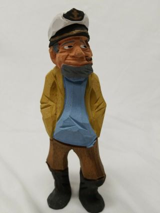 Vintage Wood Hand Carved Sea Captain With Smoking Cigar And Hat 7 "