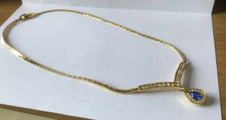 Vintage Monet Gold Tone White And Blue Crystal Drop Necklace