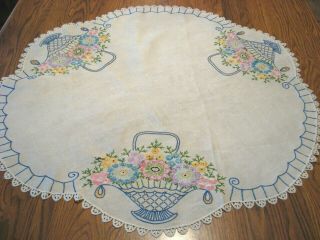 Round Vtg Hand Embroidered Baskets Of Flowers Tablecloth - Topper - 31 "