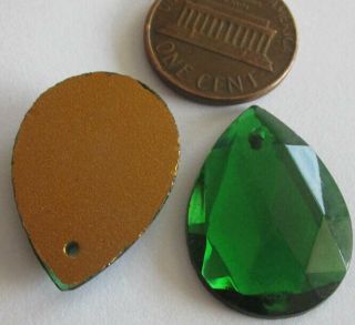 12 Vintage German Glass Big Wide Green 1 - Hole Drop Stones 25mm X 17mm