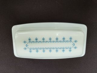 Vintage Pyrex Butter Dish With Lid Snowflake Garland Glass Blue White 72 - B 14 5
