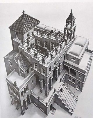 M.  C.  Escher Print - Ascending And Descending - Vintage 14.  5 " X 10.  75 "