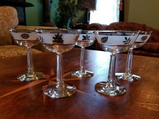 5 Vintage Libbey Glass Silver Leaves Frosted Champagne Glasses Pedestal Stem