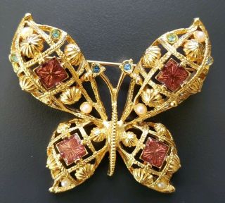 Vintage Avon Large Butterfly Gold Tone Pin Brooch Rhinestones Faux Pearl,