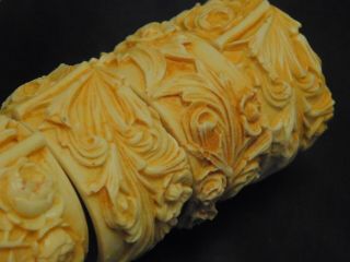 Carved Bakelite Celluloid Roses Scroll Cream Napkin Rings 4 Pc Vintage Set