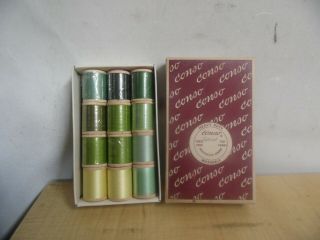 Vintage Conso Wood Spool Sewing Thread Greens Box