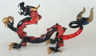 Vintage Red / Black / Gold Glass Serpent Dragon With Forked Tail Holding Orb