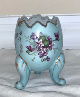 Vintage Footed Porcelain Egg Hand Painted Flowers Violets Trinket Box