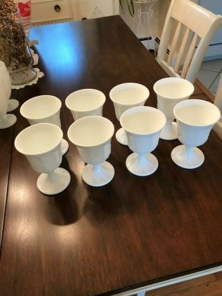 8 Vintage White Milk Glass Goblets Drinking Footed Cup Grape Vine Pattern Opaque