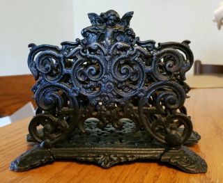 Vintage Cast Iron Ornate Cherub Angel Napkin/letter Holder