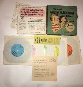 Vintage Musical Multiplication Tables Set Of 5 Records & 11 Quiz Cards 1956