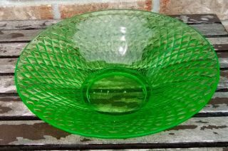 Vintage 9.  75 " Green Vaseline Uranium Depression Glass Bowl Diamond Pattern