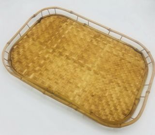 Vintage Bamboo & Woven Rattan Wicker Tiki Style 19 X 13 " Serving Tray Unique