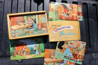 Vintage Goldilocks And The Three Bears Picture Cubes Puzzle Blocks Wood Case