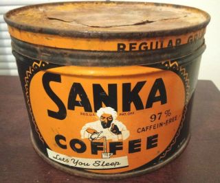 Vintage Sanka Coffee Tin Can 1lb One Pound Can Opener Key Style Container W/ Lid