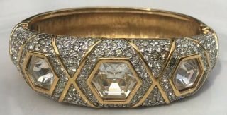 Vintage S.  A.  L.  Swarovski 3 Lrg Hexagon Rhinestone Gold - Tone Hinged Cuff Bracelet