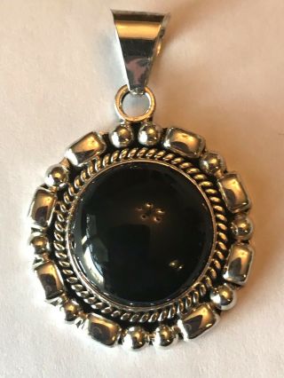 Vintage Signed Mexico Sterling Silver Black Onyx Pendant Rope Orbit