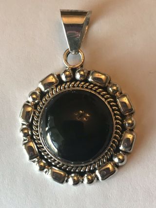 Vintage Signed Mexico Sterling Silver Black Onyx Pendant Rope Orbit 2
