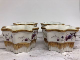 4 Vintage Porcelain Custard Pudding Cups With Purple Flowers & Gold Accents 4c
