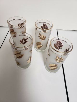 4 Vintage Mid Century Modern 50s 60s Libbey Gold Leaf Frosted Glasses Tumblers
