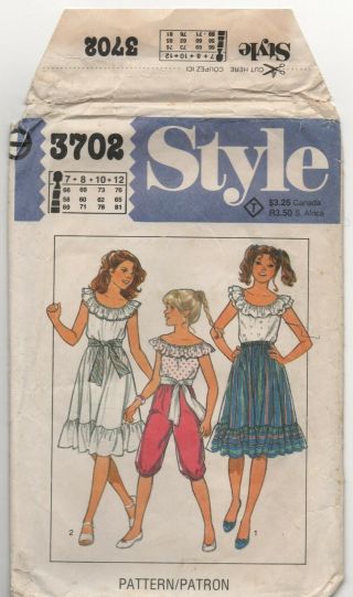 Vintage Pattern - Girls Ruffled Top,  Skirt & Short Pants - Style 3702 - Size 7 - 8