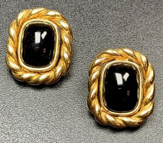 Signed Christian Dior Vintage Clip Earrings Gold Tone Black Cabochon Glass