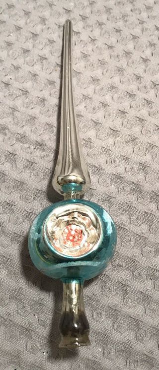 Vtg Antique Silver Hand Blown Mercury Glass 9 " Tree Top Triple Indent Spire Mica