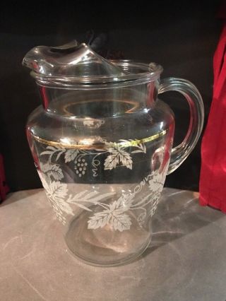 Vintage Clear Glass Water/ice Tea Pitcher - Grape/leaves And Gold Trim