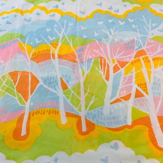 Vintage Twin Flat Bed Sheet Bright Abstract Trees Wamsutta 1960 