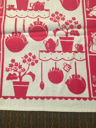 Cute Vtg Linen Kitchen Hand Towel Red White Cooks Plant Pans Mid - Century 1950’s