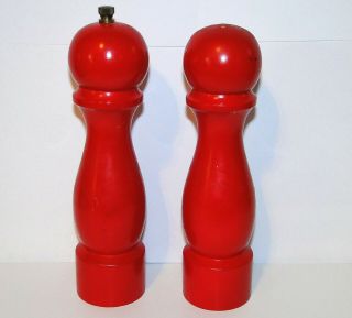 Vtg Red Wood Salt And Pepper Shakers Grinder Wooden Mid Century 7.  5 " Tall Japan