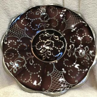Vintage Amethyst Serving Decor Plate W Silver Overlay 12” Round
