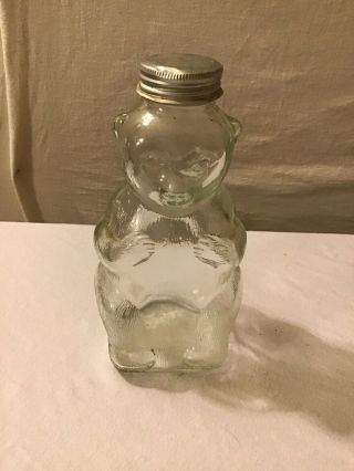 Vintage Clear Glass Bear Bottle 7 " - Snow Crest Beverages,  Salem,  Mass.  Bank.