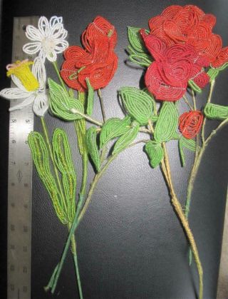 5 Stems Vintage Glass Seed Beaded Flowers 12 " Stems