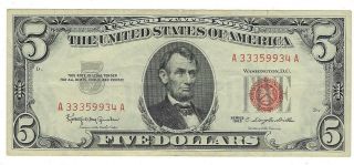 Vintage 1963 $5 Five Dollar Bill - United States Note - Red Seal Note