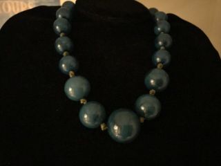 Vtg Blue Marbled Plastic Round Graduated Bead Necklace - Triple Knotted (20 ")