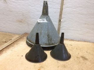 Vintage Gas And Oil Funnels 9” Tall And 4 1/2” Tall Bundle Of 3