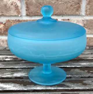 6” Vintage Westmoreland Blue Satin Frosted Glass Covered Candy Dish