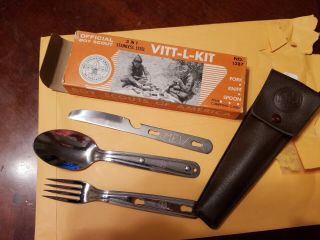 Vintage Boy Scouts Bsa 3 In 1 Stainless Vitt - L - Kit Knife Fork Spoon And Box