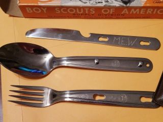 Vintage Boy Scouts BSA 3 In 1 Stainless Vitt - L - Kit Knife Fork Spoon and Box 5