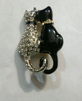 Signed Craft Vintage Two Kitty Cats Brooch Pin Black Enamel Rhinestone Jewelry