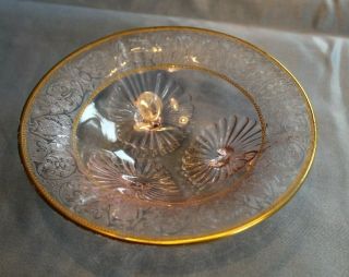 Vintage Pink Depression Glass 3 Footed Floral Etched Bowl Gold Trim