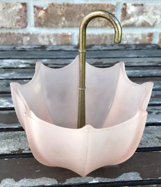 Vintage Fenton Frosted Pink Glass Umbrella Candy Dish With Metal Handle 6.  5”