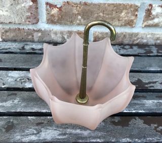 Vintage Fenton Frosted Pink Glass Umbrella Candy Dish With Metal Handle 6.  5” 2