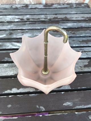 Vintage Fenton Frosted Pink Glass Umbrella Candy Dish With Metal Handle 6.  5” 3